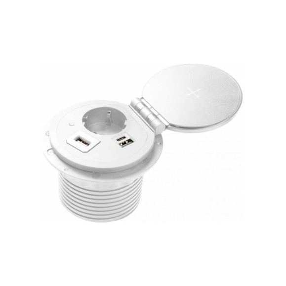 Врезной круглый удлинитель GTV charger plus, 1xschuko, 1xusb-a/5v, 1xtype-c/5v, беспроводная зарядка, сменные переходники, вилка, провод 1,5м, белый AE-BPW1SACP-10 Врезной круглый удлинитель GTV charger plus, 1xschuko, 1xusb-a/5v, 1xtype-c/5v, беспроводная зарядка, сменные переходники, вилка, провод 1,5м, белый AE-BPW1SACP-10