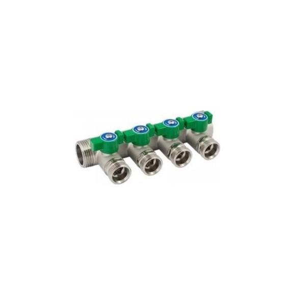 Модульный коллектор ELSEN 1", 4 контура, размер отвода-3/4" ЕК, PN, бар-10, TC -85, с шаровыми кранами, латунь EMW04.04 Модульный коллектор ELSEN 1", 4 контура, размер отвода-3/4" ЕК, PN, бар-10, TC -85, с шаровыми кранами, латунь EMW04.04