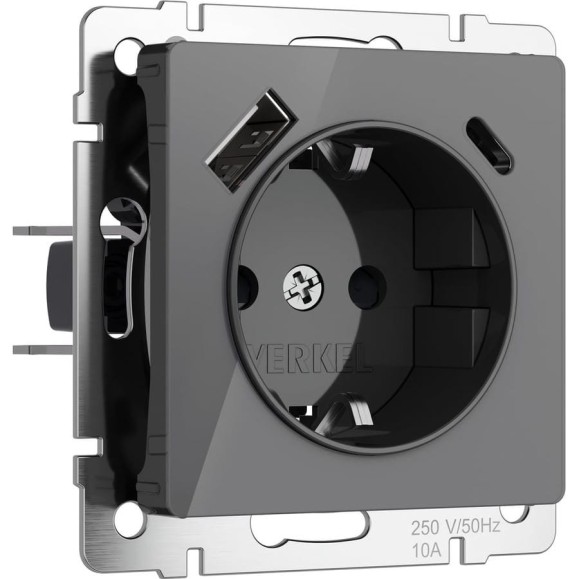 Розетка WERKEL с заземлением, шторками и usb тип a+c (графит акрил) w1171744 a064093
