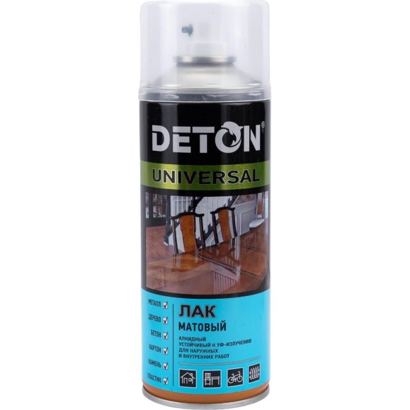 Лак алкидный атмосферостойкий Deton UNIVERSAL матовый, аэрозоль 520 мл DTN-A07569 Лак алкидный атмосферостойкий Deton UNIVERSAL матовый, аэрозоль 520 мл DTN-A07569