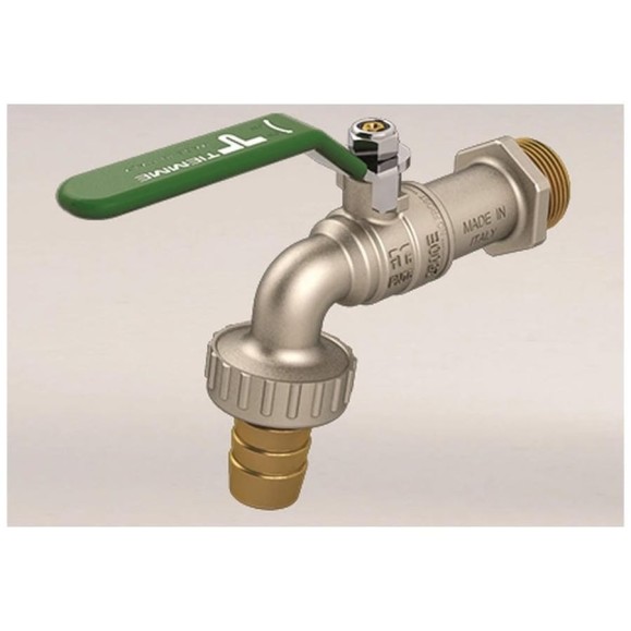 Кран Tiemme 1/2" шаровой сливной со штуцером NO Frost (зеленая плоская ручка) 2500058 2500058/2531V