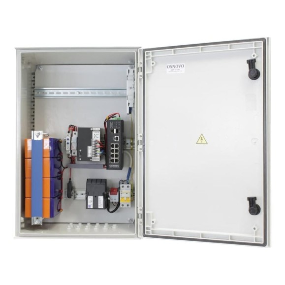 Уличный управляемый (L2+) коммутатор OSNOVO OSP-46TB1(SW-80802/ILS(port 90W)) на 10 портов с термостабилизацией, резервным питанием и функцией мониторинга температуры/влажности/напряжения на базе уличной станции OSP-46TB1 sct1379