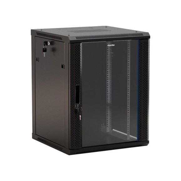 Настенный 19-дюймовый шкаф Hyperline 22U, 1098x600x600мм, стеклянная дверь с перфорацией по бокам, ручка с замком, с возможностью установки на ножки (в комплекте), цвет черный, разобранный 395583