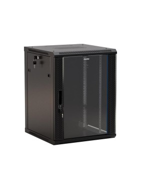 Настенный 19-дюймовый шкаф Hyperline RAL 9004 22U, 1086x600x450 мм, стеклянная дверь с перфорацией по бокам, ручка с замком, цвет черный, разобранный 395318