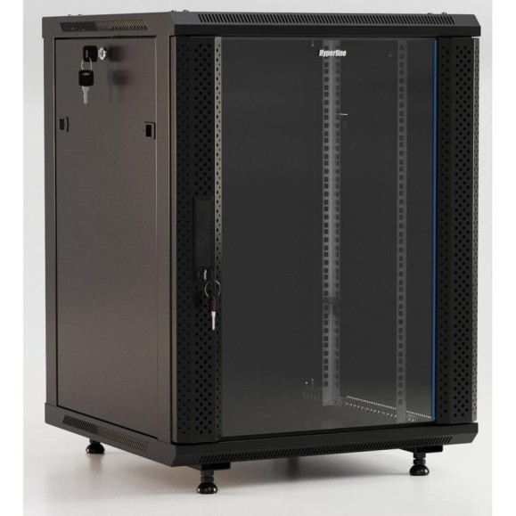 Настенный 19-дюймовый шкаф Hyperline 22U, 1098x600x450мм, стеклянная дверь с перфорацией по бокам, ручка с замком, с возможностью установки на ножки (в комплекте), цвет черный, разобранный 395578