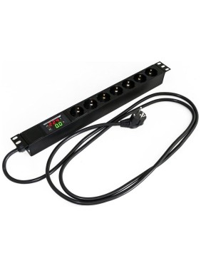 Блок розеток Hyperline для 19" шкафов, горизонтальный, 7розеток Schuko, амперметр/вольтметр, кабель питания 2.5м(3x1.5мм2) с вилкой Schuko 16A, 250В, 482.6x44.4x44.4мм (ШxГxВ), корпус алюминий 412282