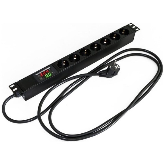 Блок розеток Hyperline для 19" шкафов, горизонтальный, 7розеток Schuko, амперметр/вольтметр, кабель питания 2.5м(3x1.5мм2) с вилкой Schuko 16A, 250В, 482.6x44.4x44.4мм (ШxГxВ), корпус алюминий 412282