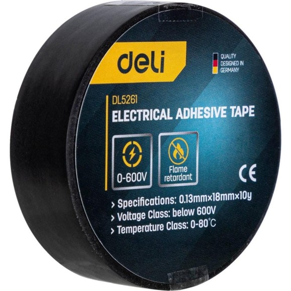 Изолента DELI dl5261 0.13х18 мм, 10 м, напряжения до 600в, температурный диапазон 0-80, ПВХ 98298