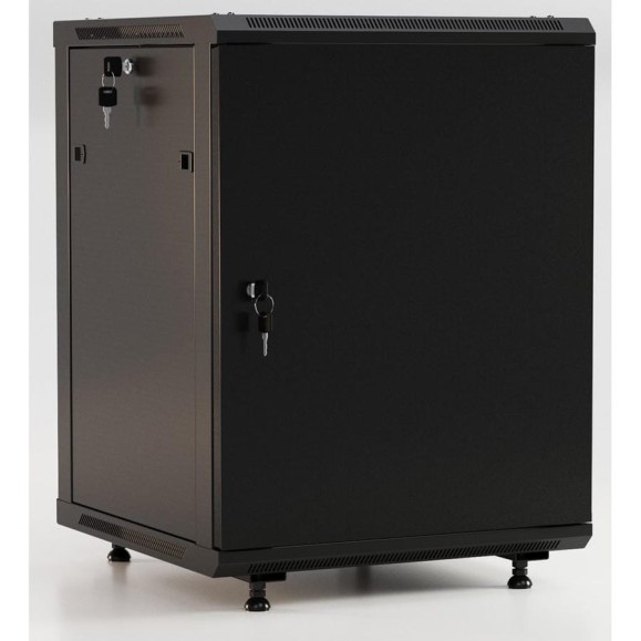 Настенный шкаф Hyperline TWB-FC-1266-SR-RAL9004 19-дюймовый (19"), 12U, 650x600x600, металлическая передняя дверь с замком, две боковые панели, с возможностью установки на ножки (в комплекте), Цвет черный (RAL 9004) (разобранный) 395535