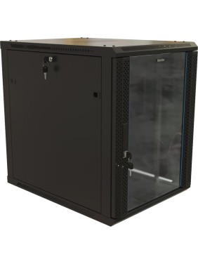 Настенный шкаф Hyperline TWB-2768-GP-RAL9004 19-дюймовый (19"), 27U, 1304x600x800, стеклянная дверь с перфорацией по бокам, ручка с замком, Цвет черный (RAL 9004) (разобранный) 480831