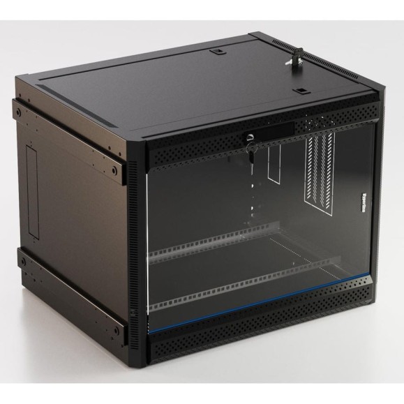 Настенный шкаф Hyperline TWB-FC-1845-GP-RAL9004 19-дюймовый (19"), 18U, 908x600x450, стеклянная дверь с перфорацией по бокам, ручка с замком, с возможностью установки на ножки (в комплекте), Цвет черный (RAL 9004) (разобранный) 395558