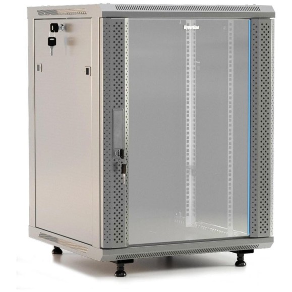 Настенный шкаф Hyperline TWB-FC-1545-GP-RAL7035 19-дюймовый (19"), 15U, 775x600x450, стеклянная дверь с перфорацией по бокам, ручка с замком, с возможностью установки на ножки (в комплекте), Цвет серый (RAL 7035) (разобранный) 452017