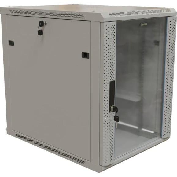 Настенный шкаф Hyperline TWB-1268-GP-RAL7035 19-дюймовый (19"), 12U, 650x600x800, стеклянная дверь с перфорацией по бокам, ручка с замком, Цвет серый (RAL 7035) (разобранный) 493227