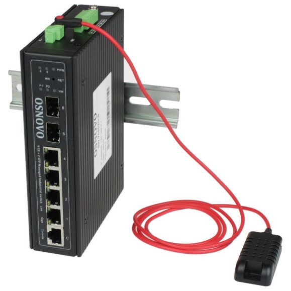 Управляемый (L2+) коммутатор OSNOVO SW-70402/ILS Gigabit Ethernet на 4xRJ45 + 2 SFP порта c датчиком температуры и влажности sct1350