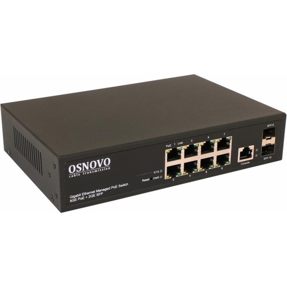 Управляемый L2 PoE коммутатор OSNOVO SW-80802/L(150W) Gigabit Ethernet на 8 RJ45 PoE + 2 x GE SFP порта sct1304 Управляемый L2 PoE коммутатор OSNOVO SW-80802/L(150W) Gigabit Ethernet на 8 RJ45 PoE + 2 x GE SFP порта sct1304