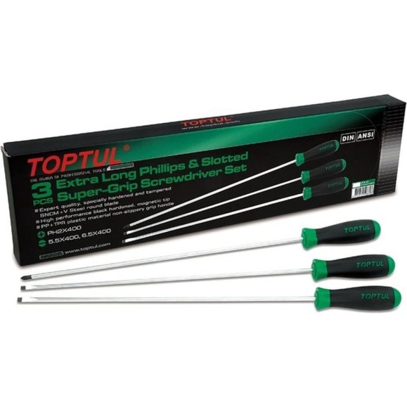 Набор отверток TOPTUL EXTRA LONG SL5.5, SL6.5, PH2, 400 мм, 3 шт. GAAE0306 Набор отверток TOPTUL EXTRA LONG SL5.5, SL6.5, PH2, 400 мм, 3 шт. GAAE0306