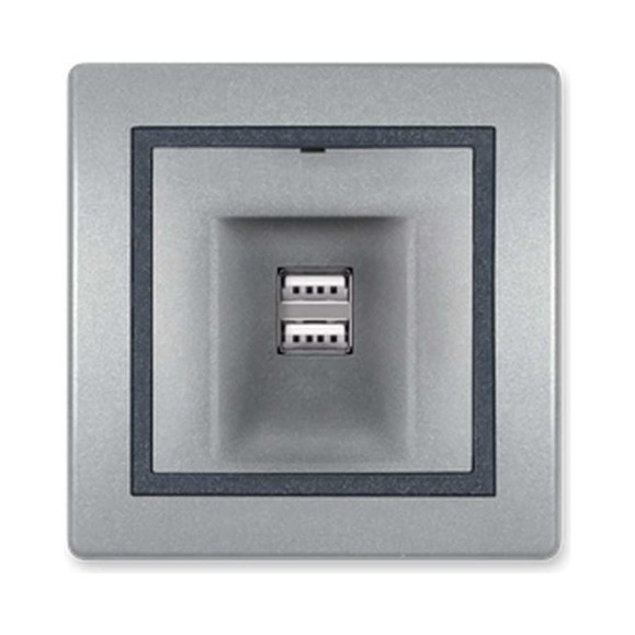 Розетка Aling-Conel PRESTIGE USB-зарядное устройство, двойная 2xUSB А+А 250V/5V 2.1A, серебро-графит-серебро 6161.S2S Розетка Aling-Conel PRESTIGE USB-зарядное устройство, двойная 2xUSB А+А 250V/5V 2.1A, серебро-графит-серебро 6161.S2S
