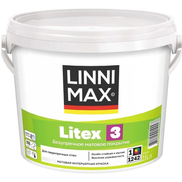 Краска водно-дисперсионная для внутренних работ LINNIMAX Litex 3 База 1, 2,5 л 948105688