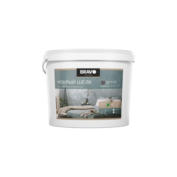 Изящное декоративное покрытие BRAVO DECOR Мокрый шелк золото, с перламутровым эффектом переливающегося шелка, наносится кистью, валиком, кельмой в 2 слоя, 5 кг 18314