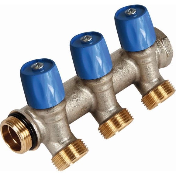 Коллектор Henco VBS с синими вентилями, 1"НР под евроконус, 1" - 2xEK VBS060502-BL