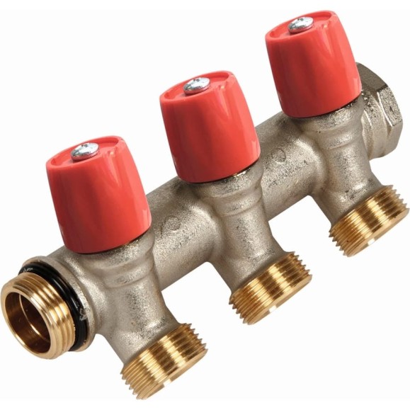 Коллектор Henco VBS с красными вентилями, 1"НР под евроконус, 1" - 4xEK VBS060504-RO