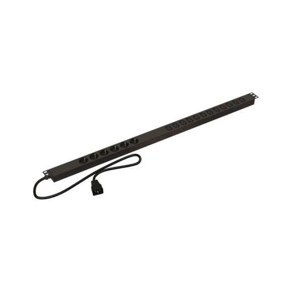 Вертикальный блок розеток Hyperline SHE-6SH-12IEC-2.5AIEC 6 розеток Schuko, 12 розеток IEC320 C13, кабель питания 2.5м (3x1.5 мм2) с вилкой IEC320 C20 16А, 250В, корпус алюминий, черный 488076