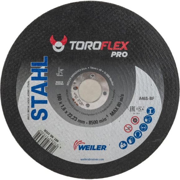 Круг отрезной по стали F41 180х1.6х22.23 мм, А46S-BF PRO TOROFLEX 4010362575302 Круг отрезной по стали F41 180х1.6х22.23 мм, А46S-BF PRO TOROFLEX 4010362575302