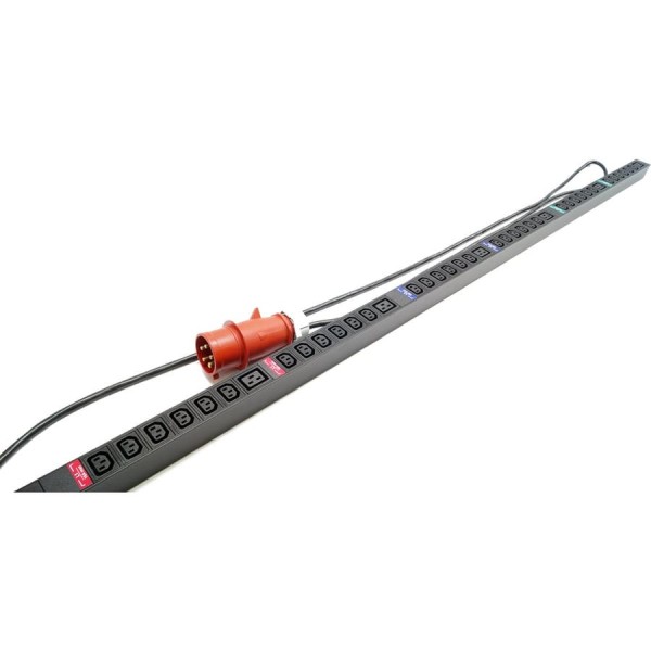 Блок розеток Hyperline She-36iec-6biec-3x32-3pvr, вертикальный, 36 розеток iec320 c13, 6 розеток iec320 c19, кабель питания 3м (5x4.0мм2) с вилкой iec 60309 32а (3p+n+e), 380в, корпус алюминий, черный 525053