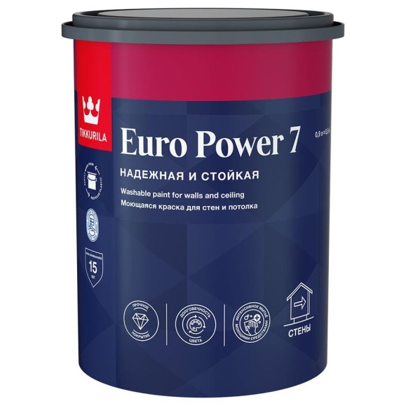 Интерьерная краска Tikkurila стойкая к мытью EURO POWER 7 база A матовая 0,9 л 700001118