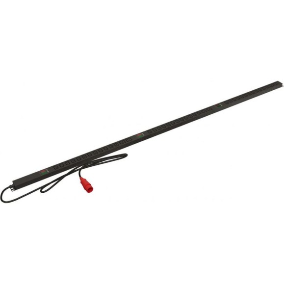 Вертикальный блок розеток Hyperline SHE-36IEC-6BIEC-AV-3PVR 36 розеток IEC320 C13, 6 розеток IEC320 C19, амперметр/вольтметр, кабель питания 3м (5x4.0мм2) с вилкой IEC 60309 16 А (3P+N+E), 380 В, 1915x44.5x44.5 мм (ДхШхВ), корпус алюминий, черный 485351