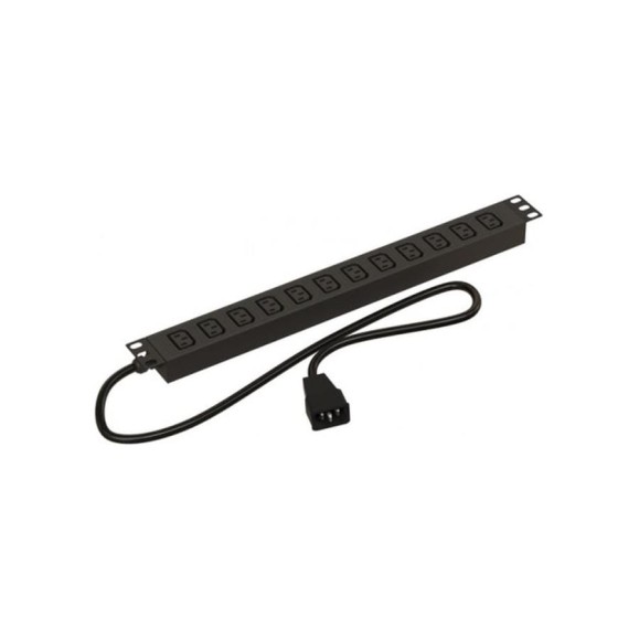 Горизонтальный блок розеток для 19" шкафов Hyperline SHE19-12IEC-2.5AIEC 12 розеток IEC320 C13, кабеля питания 2.5м (3x1.5мм2) с вилкой IEC320 C20 16 A, 250 В, 482.6x44.4x44.4 мм (ШхГхВ), корпус алюминий, черный 496740