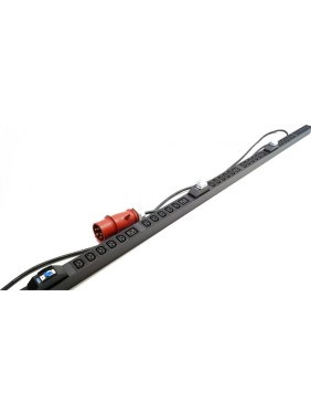 Вертикальный блок розеток Hyperline SHE-30IEC-6BIEC-B-3x32-3PVR 30 розеток IEC320 c13, 6 розеток IEC320 c19, автоматический выключатель, кабель питания 3 м (5x4.0 мм2) с вилкой IEC 60309 32 А (3P+N+E), 380 В, корпус алюминий, черный 525055