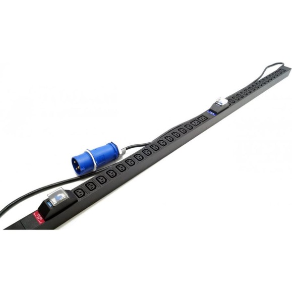Вертикальный блок розеток Hyperline SHE-28IEC-4bIEC-b-2.5PVB 28 розеток IEC320 c13, 4 розетки IEC320 c19, автоматический выключатель, кабель питания 2.5 м (3x4.0 мм2) с вилкой IEC 60309 32 А (2P+E), 250 В, корпус алюминий, черный 525059