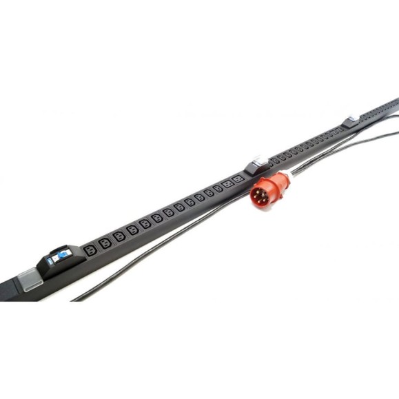 Вертикальный блок розеток Hyperline SHE-36IEC-6bIEC-b-3x16-3PVR 36 розеток IEC320 c13, 6 розеток IEC320 c19, автоматический выключатель, кабель питания 3 м (5x4.0 мм2) с вилкой IEC 60309 16 А (3P+N+E), 380 В, корпус алюминий, черный 525052