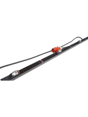Вертикальный блок розеток Hyperline SHE-36IEC-6bIEC-b-3x32-3PVR 36 розеток IEC320 c13, 6 розеток IEC320 c19, автоматический выключатель, кабель питания 3 м (5x4.0 мм2) с вилкой IEC 60309 32 А (3P+N+E), 380 В, корпус алюминий, черный 510522