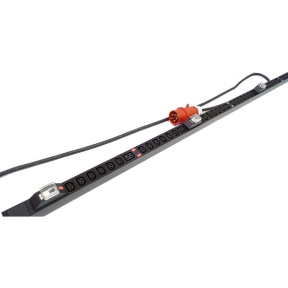 Вертикальный блок розеток Hyperline SHE-36IEC-6bIEC-b-3x32-3PVR 36 розеток IEC320 c13, 6 розеток IEC320 c19, автоматический выключатель, кабель питания 3 м (5x4.0 мм2) с вилкой IEC 60309 32 А (3P+N+E), 380 В, корпус алюминий, черный 510522