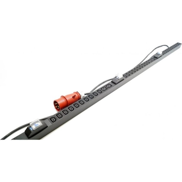 Вертикальный блок розеток Hyperline SHE-30IEC-6BIEC-B-3x16-3PVR 30 розеток IEC320 c13, 6 розеток IEC320 c19, автоматический выключатель, кабель питания 3 м (5x4.0 мм2) с вилкой IEC 60309 16 А (3P+N+E), 380 В, корпус алюминий, черный 525056