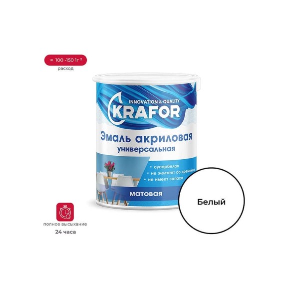 Акриловая матовая эмаль Krafor супербелая 1 кг 4 44985