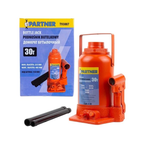 Домкрат бутылочный Partner 30т с клапаном h min-255мм, h max-405мм, ход штока-150мм PA-T93007(52698) Домкрат бутылочный Partner 30т с клапаном h min-255мм, h max-405мм, ход штока-150мм PA-T93007(52698)