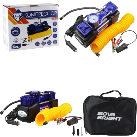 Компрессор Nova Bright АК-75L двухпоршневой, до 50 л/мин, 150 PSI, 12В, металлический корпус, в сумке, LED-фонарь 36451