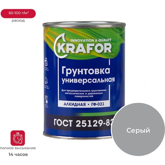 Грунт Krafor ГФ-021 серый 0.8 кг 14 26308
