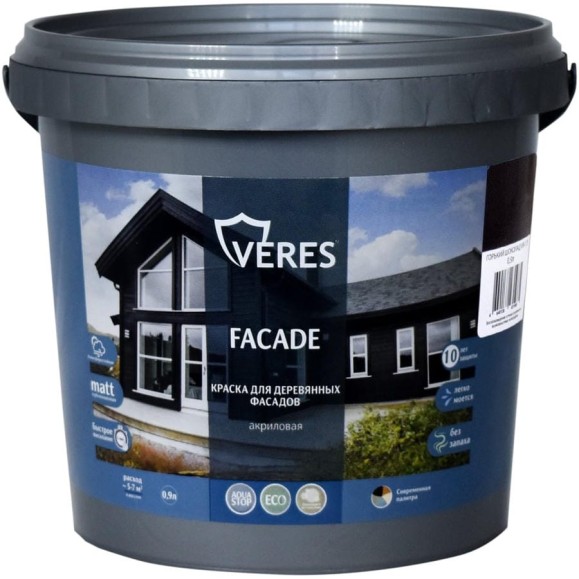 Краска для деревянных фасадов VERES FACADE акриловая, горький шоколад 0.9 л 270328 Краска для деревянных фасадов VERES FACADE акриловая, горький шоколад 0.9 л 270328