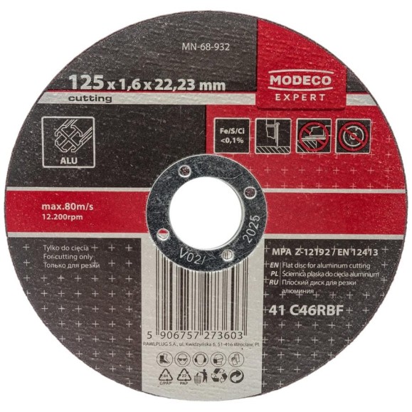 Диск для резки алюминия 125x1.6x22.23 мм, плоский MODECO MN-68-932 Диск для резки алюминия 125x1.6x22.23 мм, плоский MODECO MN-68-932