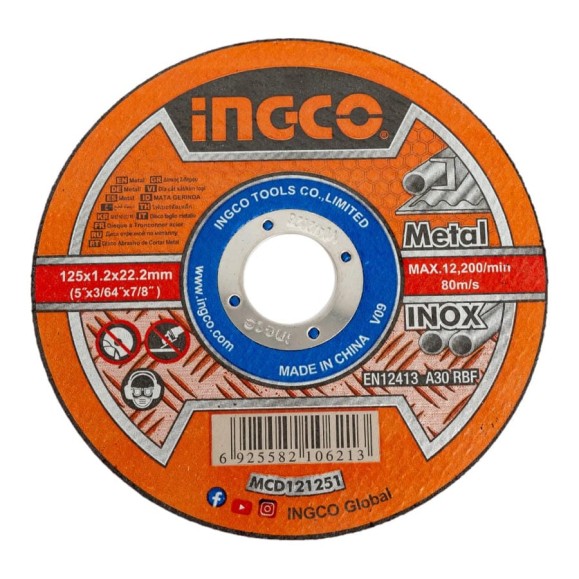 Круг отрезной Metal/Inox (125х1.2х22 мм; Тип 41; A 30; RBF) INGCO MCD121251 Круг отрезной Metal/Inox (125х1.2х22 мм; Тип 41; A 30; RBF) INGCO MCD121251