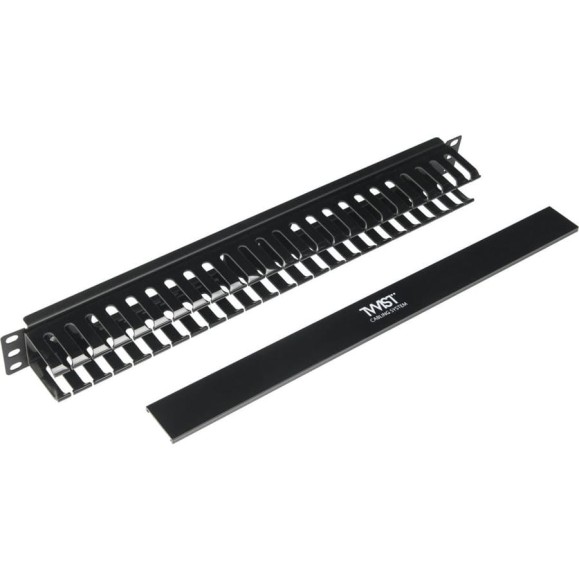 Кабельный органайзер Retic с крышкой 19’’ 1U металлический, с пластиковой крышкой, пластиковые кольца, черный  MO-19-1U-PR-2H-TWCS