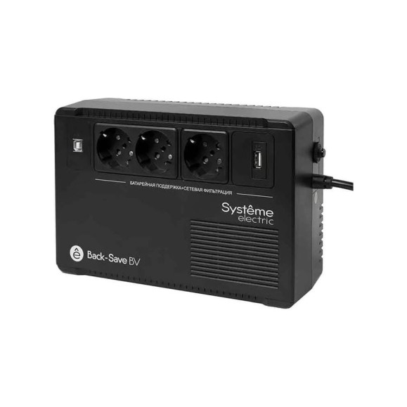 ИБП Systeme Electric Back-Save BV 600 ВА, автоматическая регулировка напряжения, 3 розетки Schuko, 230 В, 1 USB Type-A BVSE600RS