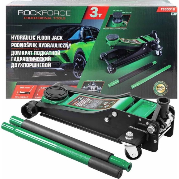 Домкрат подкатной гидравлический двухпоршневой Rockforce 3т (h min 85мм, h max 430мм) RF-T830018 HT(58628) Домкрат подкатной гидравлический двухпоршневой Rockforce 3т (h min 85мм, h max 430мм) RF-T830018 HT(58628)