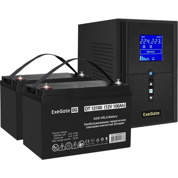 Комплект ИБП ExeGate EX295987RUS+батареяEX282985RUS, 2 шт., инвертор, синус, для котла SineTowerSZ-1000.LCD.AVR.2SH.1C13.USB1000VA800W, чистая синусоида, LCD дисплей, AVR, 2*Schuko+1C13 296804