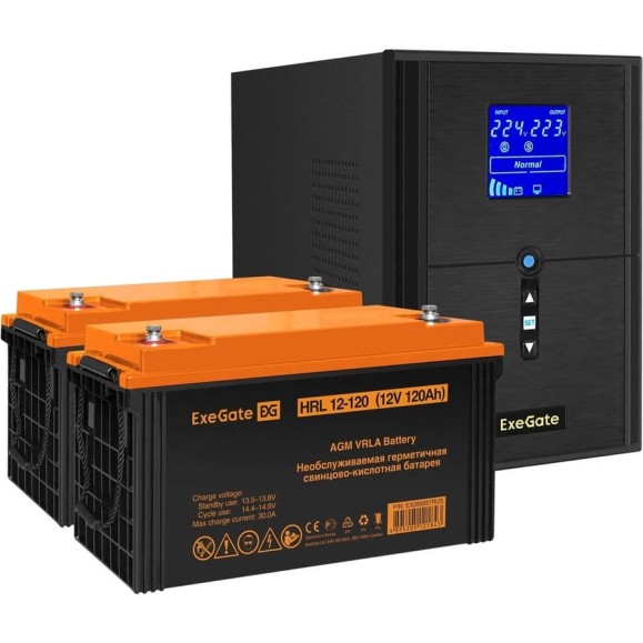 Комплект ИБП ExeGate EX295989RUS+батарея120Aч EX285657RUS 2 шт., инвертор, синус, для котла SineTowerSZ-2000.LCD.AVR.3SH.1C13.USB2000VA1600W, чистая синусоида, LCD дисплей, AVR 296853