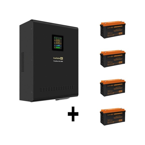 Комплект ИБП ExeGate EX296003RUS+батарея 120Aч EX285657RUS4 штинвертор, синус, для котла, настенный FineSineSX-3000.LCD.AVR.2SH.T3000VA2100W, чистая синусоида, цветной LCD-диспл 296649 Комплект ИБП ExeGate EX296003RUS+батарея 120Aч EX285657RUS4 штинвертор, синус, для котла, настенный FineSineSX-3000.LCD.AVR.2SH.T3000VA2100W, чистая синусоида, цветной LCD-диспл 296649